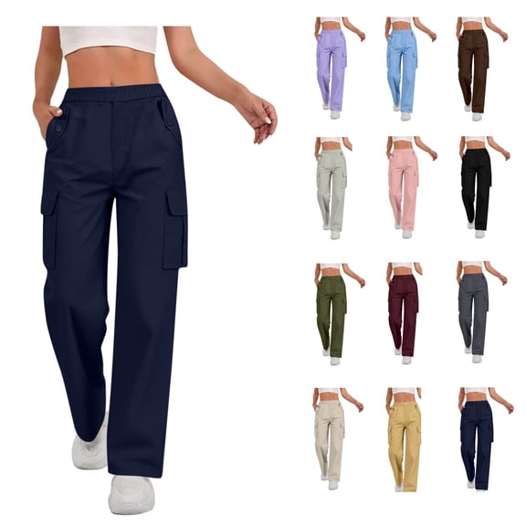ShiShine High Waist Cargo Pants for Women Staight Wide Leg Sweatpant Elastic Waisted Casual Workout Trousers with Pockets