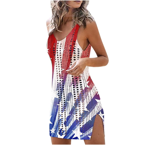 ShiShine Independence Day Printed Swimsuit Coverup for Women Bathing Suit Crochet Beach Tank Dress Hollow Out Slit Bikini Cover Up Dresses