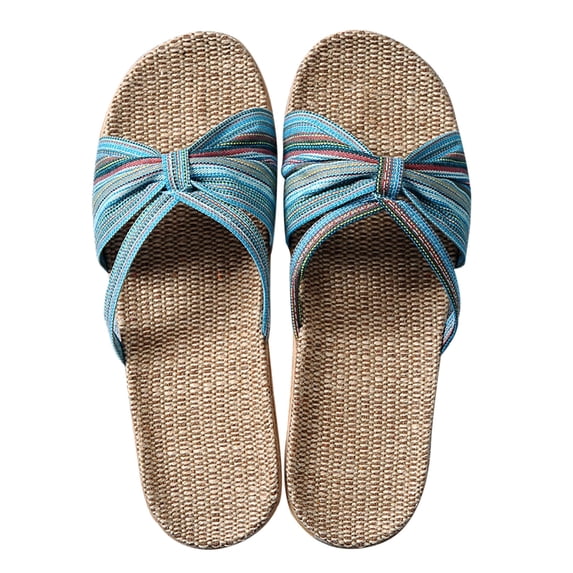 ShiShine Linen Slide Sandals for Women Breathable Striped Knot Accents Non Slip Sole Beach Resort Shoes for Vacation and Leisure