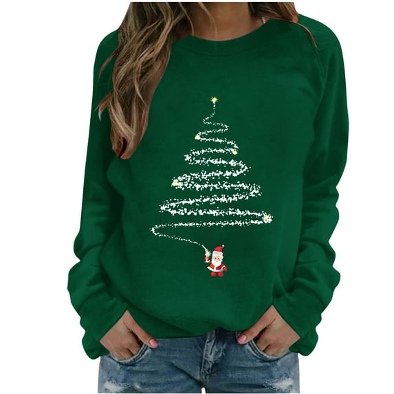 ShiShine Long Sleeve Christmas Shirts for Women Christmas Holiday T-Shirts Christmas Tree Graphic Crewneck Tee Tops Blouse
