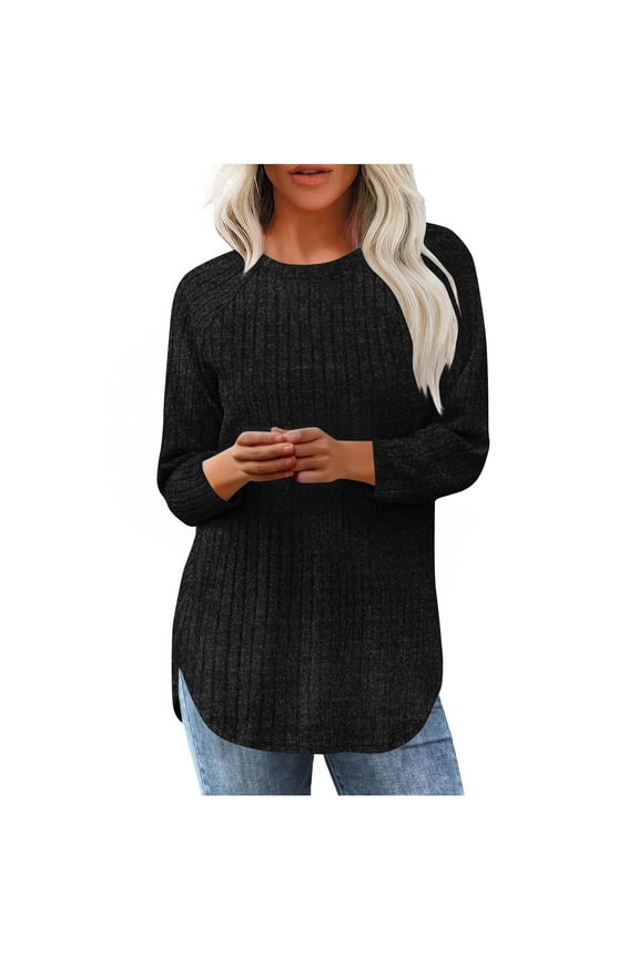 Long Sleeve Shirts for Women 2025 Fall Clothes Tunic Tops Loose Fit Dressy Crewneck Pullover Sweaters Curved Hem