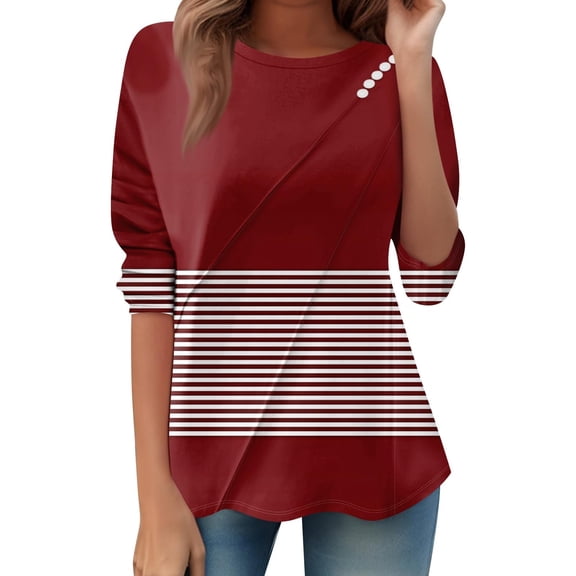 ShiShine Long Sleeve Shirts for Women Dressy Casual Crew Neck Trendy Button Work Blouses Fall Workout Top