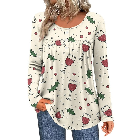ShiShine Long Sleeve Shirts for Women Fall Tops Printed Dressy Blouses Pleated Front Crewneck Loose Fit Tunic Tops