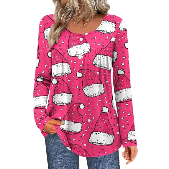 ShiShine Long Sleeve Shirts for Women Fall Tops Printed Dressy Blouses Pleated Front Crewneck Loose Fit Tunic Tops