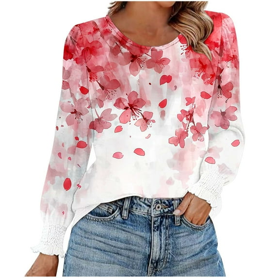 ShiShine Long Sleeve Tops for Women Round Neck Casual Tunic Tops Basic Pleated Shirts Loose Fit 2025