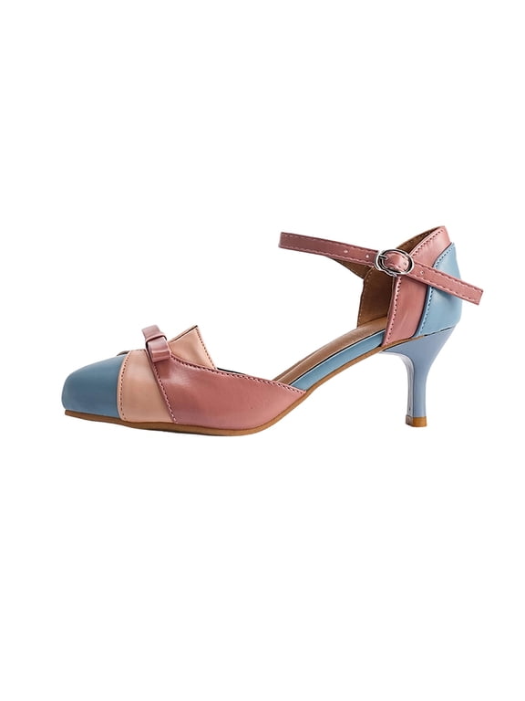 Low Heel Colorful Bow Pumps for Women Kitten Heels Sweet Patchwork Buckle Office Shoes