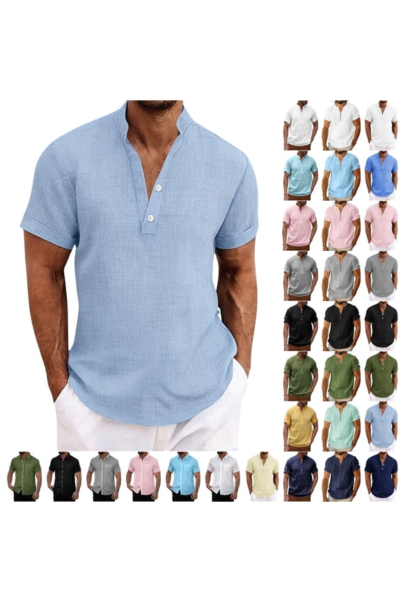 Men's Button Down Short Sleeve T-Shirt Linen Henley Tops Summer Basic Solid Shirt Beach Vacation Shirts