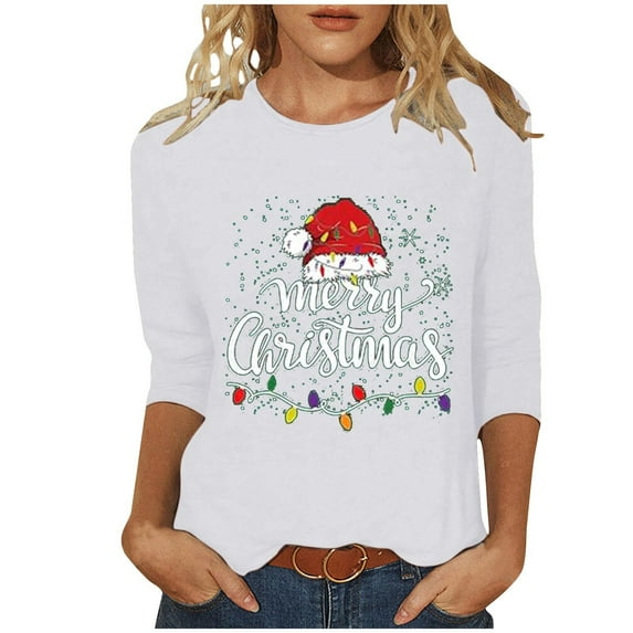 ShiShine Merry Christmas Shirts for Women 3/4 Sleeve Funny Print Tops 2025 Holiday Party Tee Casual T-Shirts