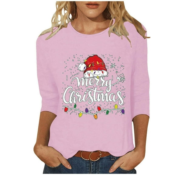 ShiShine Merry Christmas Shirts for Women 3/4 Sleeve Funny Print Tops 2025 Holiday Party Tee Casual T-Shirts