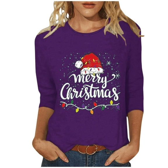 ShiShine Merry Christmas Shirts for Women 3/4 Sleeve Funny Print Tops 2025 Holiday Party Tee Casual T-Shirts