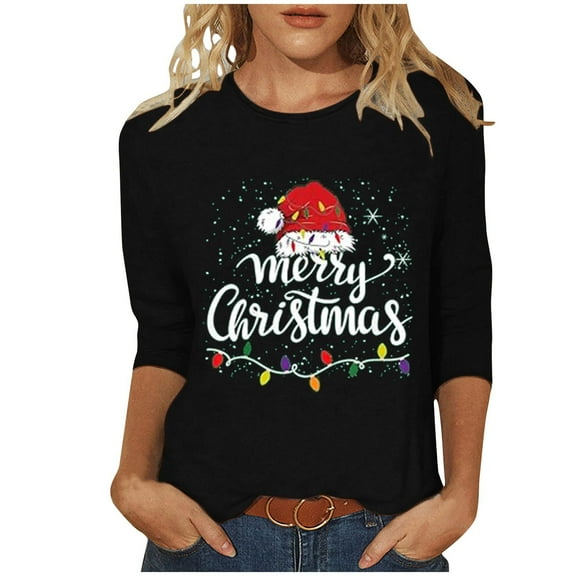 ShiShine Merry Christmas Shirts for Women 3/4 Sleeve Funny Print Tops 2025 Holiday Party Tee Casual T-Shirts