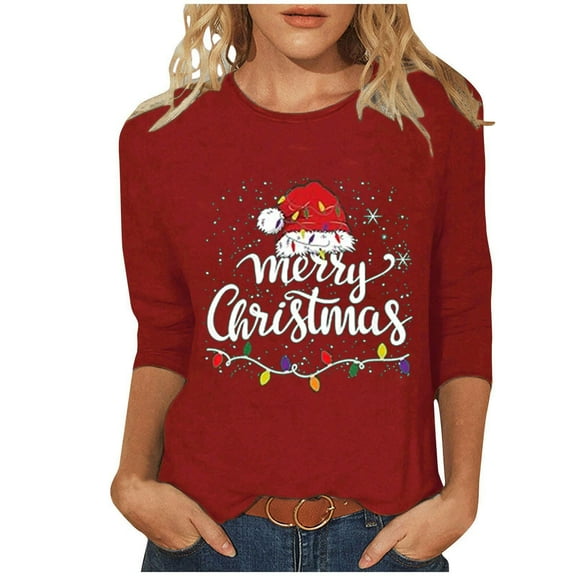 ShiShine Merry Christmas Shirts for Women 3/4 Sleeve Funny Print Tops 2025 Holiday Party Tee Casual T-Shirts