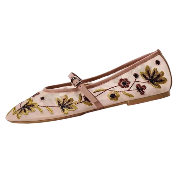 ShiShine Mesh Ballet Flats for Women Embroidered Floral Round Toe Mary Jane