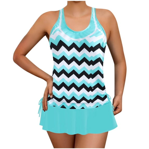 ShiShine Plus Size Striped Print Tankini Swimsuits for Womens Modest Tummy Coverage Bathing Suits with Skirt 2 Piece Sporty Swimwear