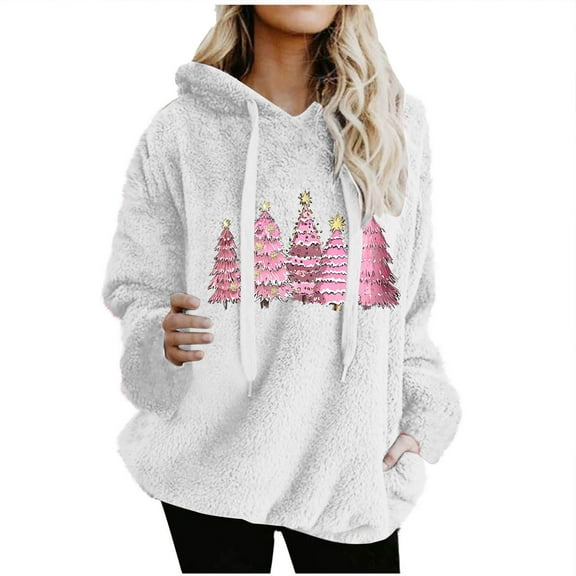 ShiShine Plush Christmas Hoodies for Women Long Sleeve Pullover Graphic Print Funny Sweatshirt Festival Tops