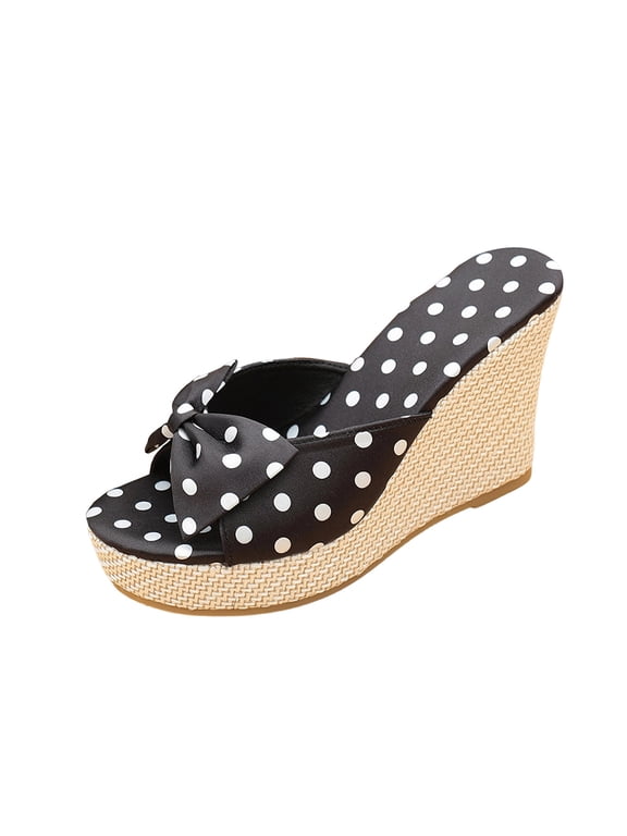Polka Dot Bow Wedge Sandals for Women High Heel Platform Slide Sandals Summer Beach Shoes Vacation