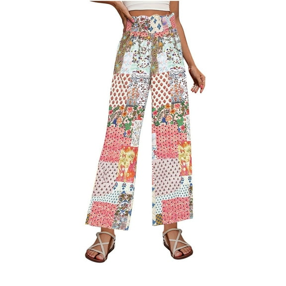 ShiShine Printed Pants for Women Elastic Casual Pant with Pocket Wide Leg Vacation Sport Sweatpant