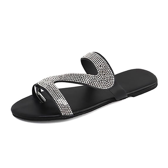 ShiShine Rhinestone Toe Ring Slide Sandals for Women Flat Slip On Summer Beach Dressy Sandals Open Toe Casual Walking Shoes