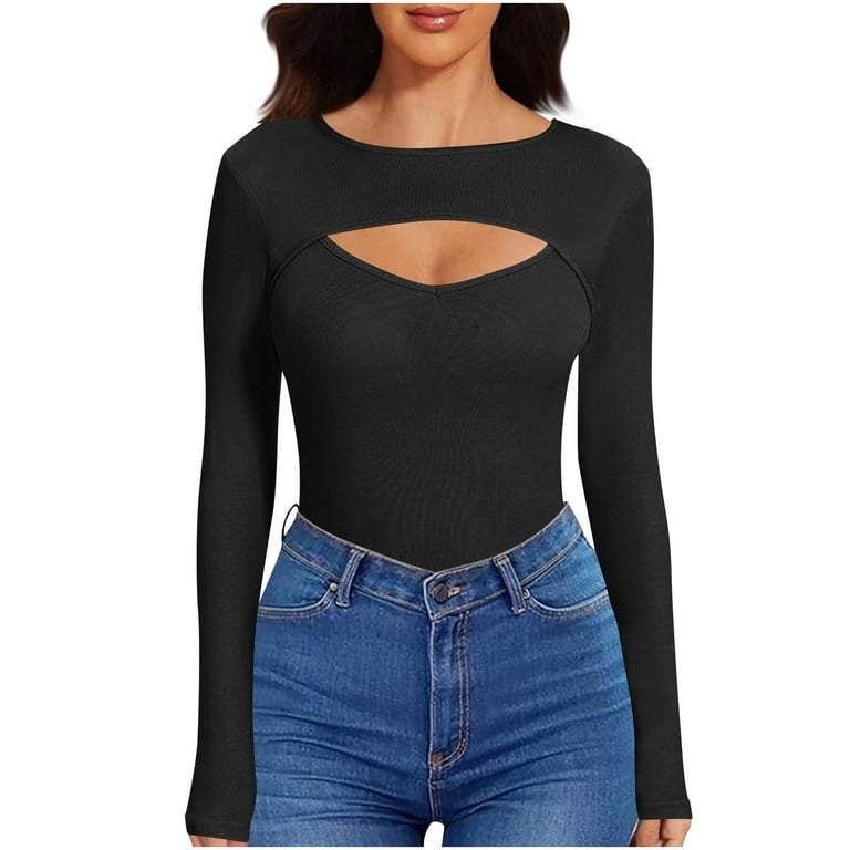 ShiShine Sexy Cut Out Long Sleeve Tops for Women Round Neck Fitted