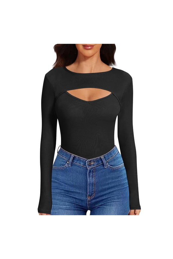 Sexy Cut Out Long Sleeve Tops for Women Round Neck Fitted Tee T-Shirt Open Chest Design for Going Out Tee