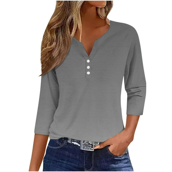 ShiShine Shirts for Women 3/4 Sleeve Tunic Tops V Neck Button Shirt Dressy Cute Tshirt Blouse