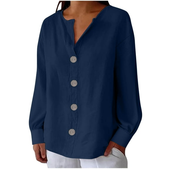 ShiShine Shirts for Women Button Down V Neck 3/4 Sleeve T-Shirt Blouse Casual Loose Basic Solid Tunic Tops 2025 Fall