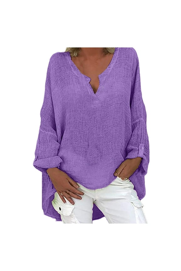 Shirts for Women Loose Fit Long Sleeve Blouse Casual Beach Oversized Shirt Plain Tunic Tops