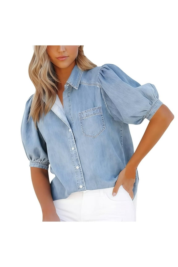 Short Puff Sleeve Blouse for Women Button Down Casual Shirts Summer Lapel Collared Tops with Pocket