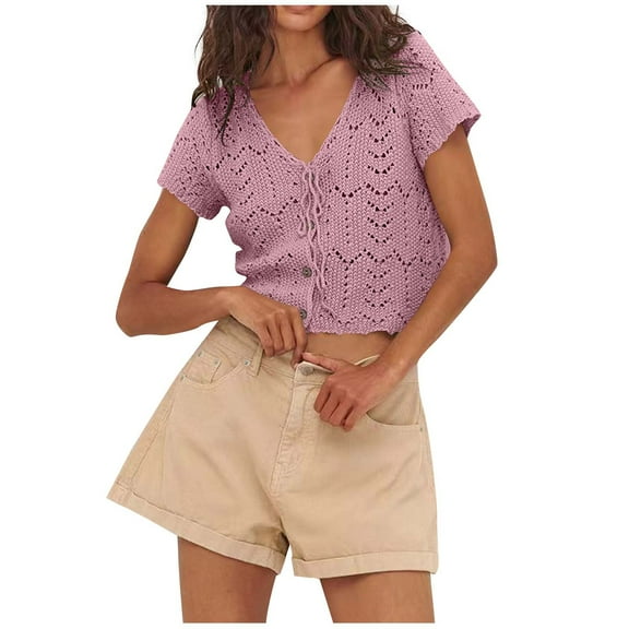ShiShine Short Sleeve Crochet Tops for Women Knitted Summer Vest Hollow Out Button Down Shirts Crop Tops Fashion Tee