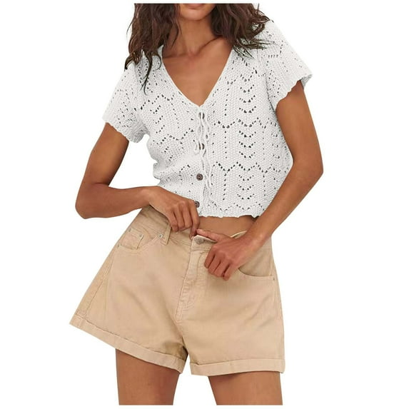 ShiShine Short Sleeve Crochet Tops for Women Knitted Summer Vest Hollow Out Button Down Shirts Crop Tops Fashion Tee