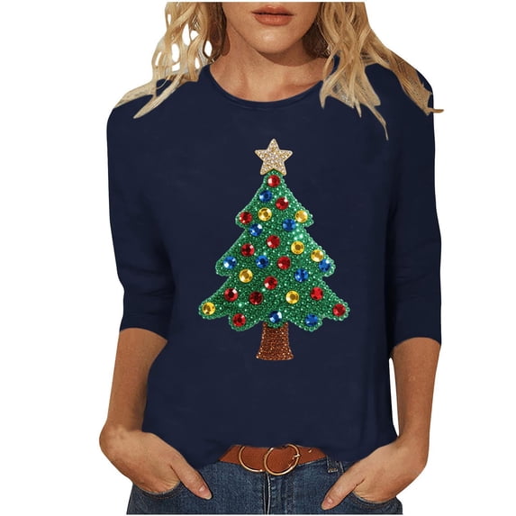 ShiShine Sparkly Glitter Christmas Shirts for Women Christmas Tree Graphic T-Shirt 3/4 Sleeve Holiday Tops Blouse