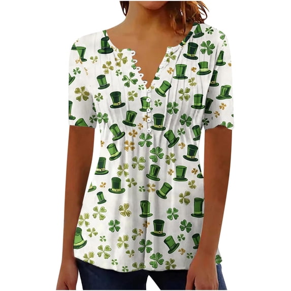ShiShine St Patricks Day Shirt Women Short Sleeve Tops Casual Button V Neck Cute Printed Tunic Blouses Outfits