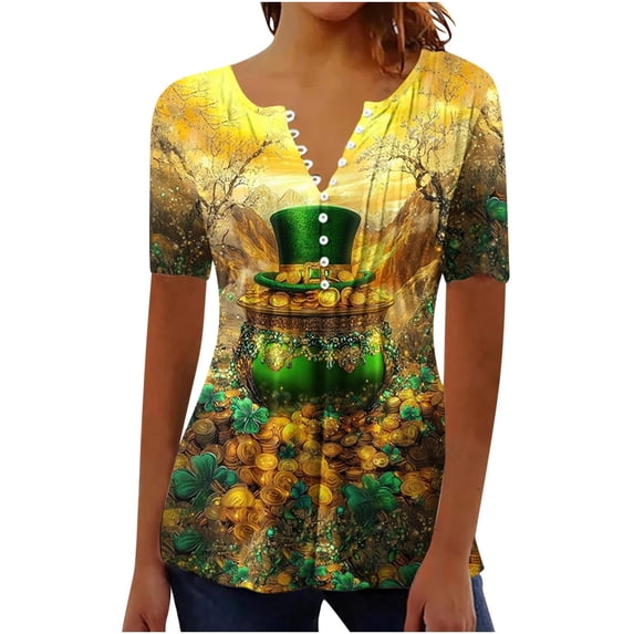 ShiShine St Patricks Day Shirt Women Short Sleeve Tops Casual Button V Neck Cute Printed Tunic Blouses Outfits