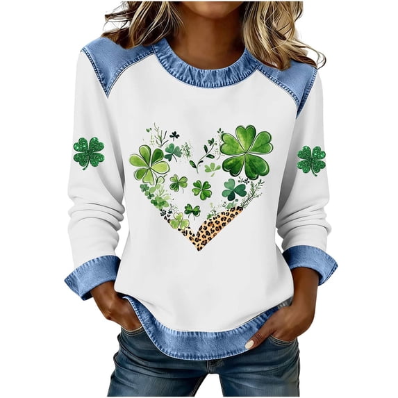 ShiShine St Patricks Day Shirt for Women Long Sleeve Round Neck Patchwork Holiday Print Casual Top