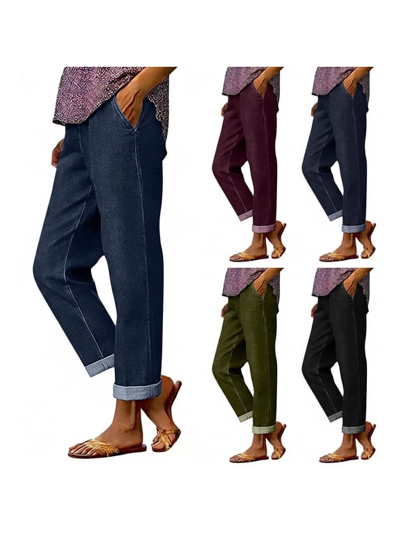 Stretch Faux Jeans for Women Straight Leg Elastic Waist Pull on Pants Casual Relaxed Fit Trendy Lounge Trousers