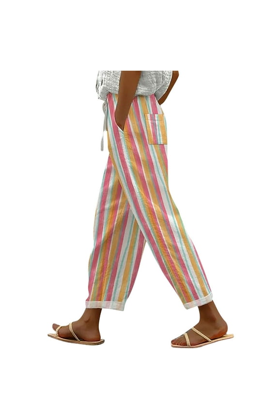 Striped Pants for Women Casual Drawstring Trendy Trousers with Pocket