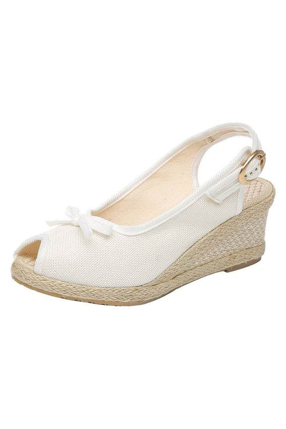 Summer Bow Knot Peep Toe Wedge Sandals for Women, Adjustable Slingback Linen Espadrilles for Dating Shopping