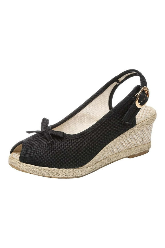 Summer Bow Knot Peep Toe Wedge Sandals for Women, Adjustable Slingback Linen Espadrilles for Dating Shopping