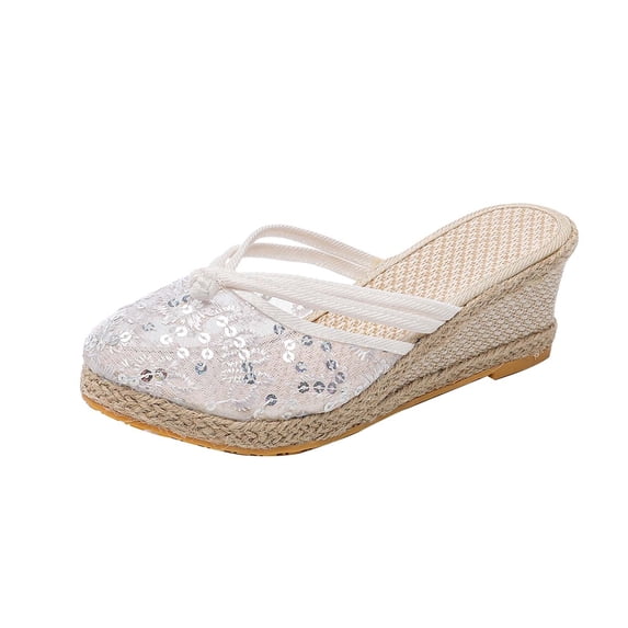 ShiShine Summer Lace Sequin Bow Mules for Women, Woven Platform Wedge Slide Sandals for Vacation Shopping