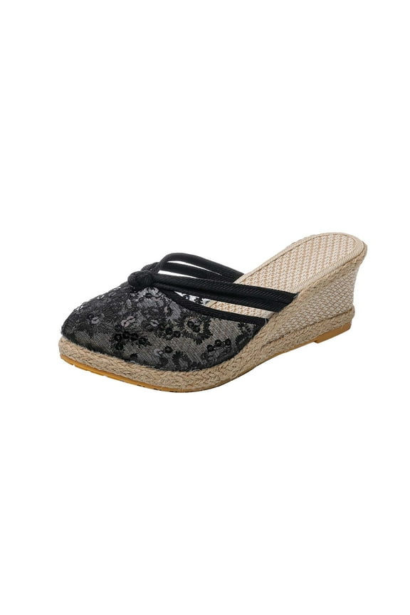 Summer Lace Sequin Bow Mules for Women, Woven Platform Wedge Slide Sandals for Vacation Shopping