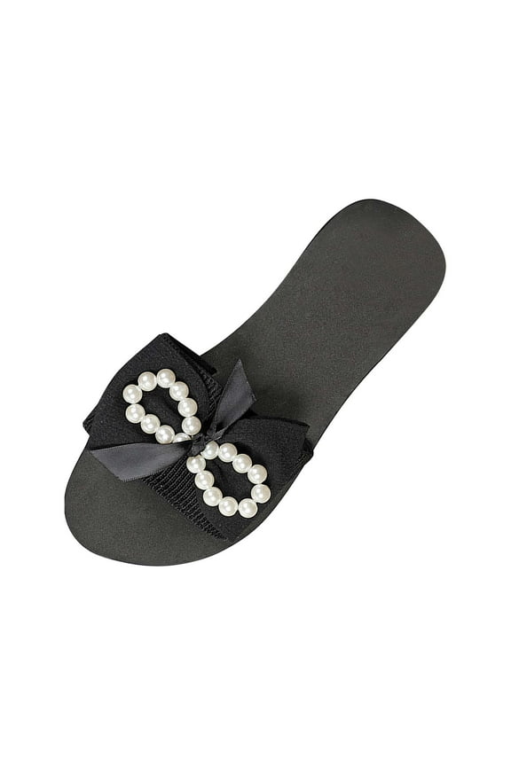 Summer Pearl Bow Flat Slide Sandals for Women, Lightweight EVA Slippers for Poolside Shopping