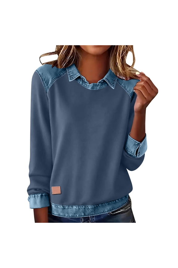 Sweatshirt for Women Denim Patchwork Pullover Lapel Collar Long Sleeve Shirt Casual Lightweight Tops