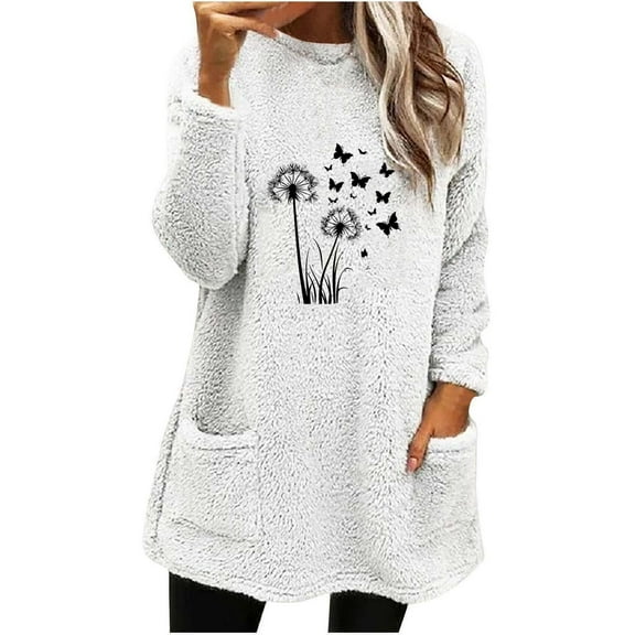 ShiShine Sweatshirt for Women Plush Warm Sweater Print Crew Neck Tops Long Sleeve Tunic Pullover with Pockets