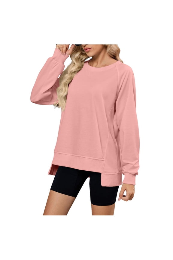 Sweatshirt for Women Side Split Crew Neck Solid Color Fall Fashion 2025 Long Sleeve Shirts