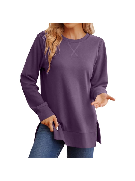 QINGFSAP Sweatshirt for women Side Split Fall Fashion 2025 Long Sleeve Shirts Trending