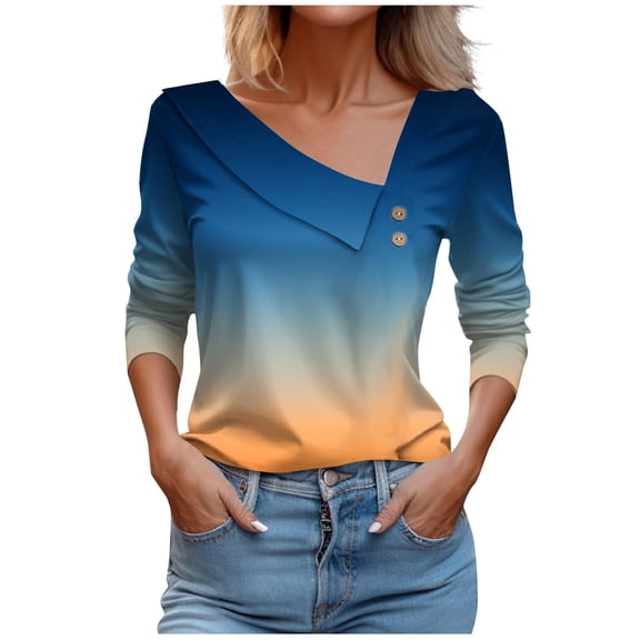 ShiShine Tops for Women 2025 Trendy Casual Long Sleeve Asymmetric V Neck Button Blouses Dressy Shirts Clothing