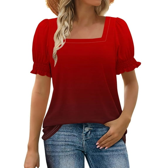 ShiShine Tops for Women Summer Casual Ruffle Trim Sleeve Gradient Color Square Neck T Shirts