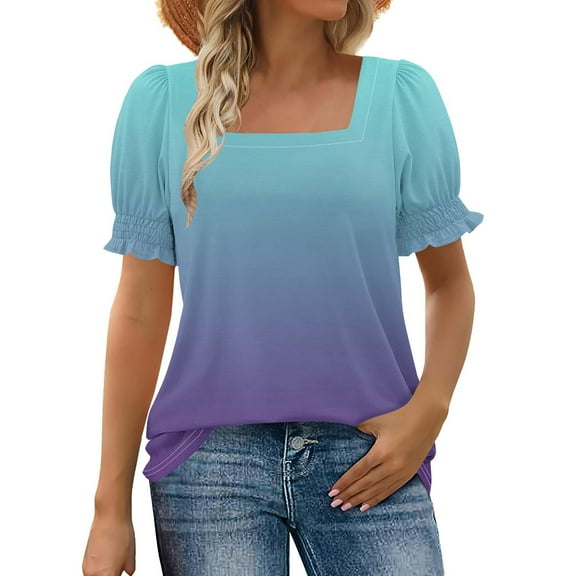 ShiShine Tops for Women Summer Casual Ruffle Trim Sleeve Gradient Color Square Neck T Shirts