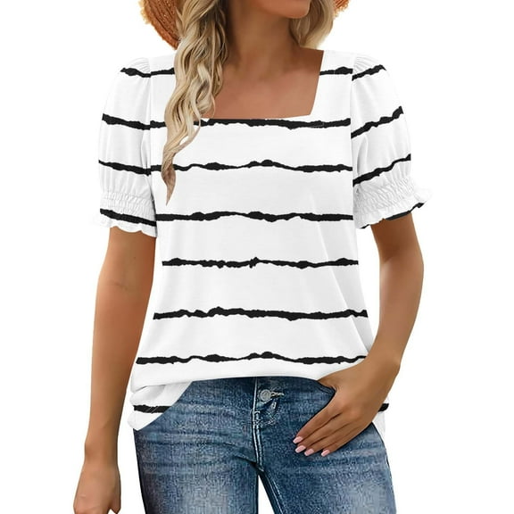 ShiShine Tops for Women Summer Casual Ruffle Trim Sleeve Square Neck T Shirts