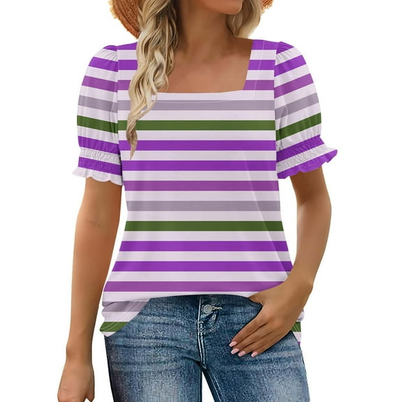 ShiShine Tops for Women Summer Casual Ruffle Trim Sleeve Square Neck T Shirts